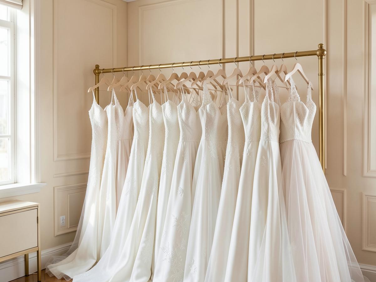 Selezione di abiti da sposa appesi in atelier